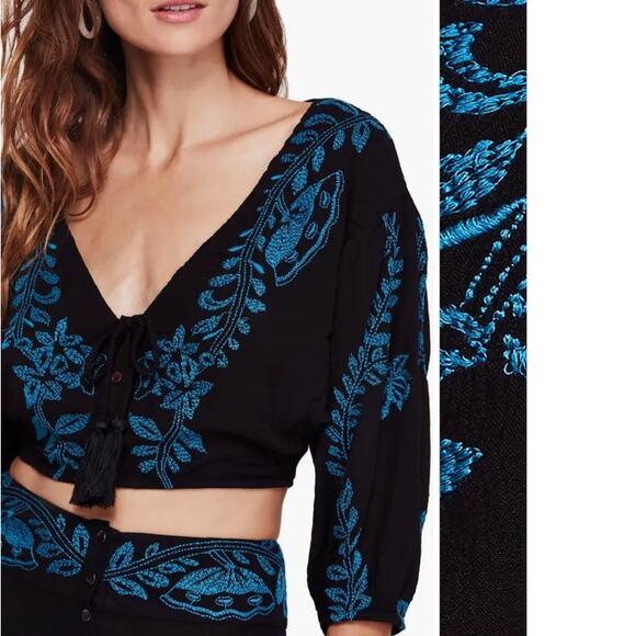 Free People Black and Blue Embroidered Crop Top - Picture 1 of 8